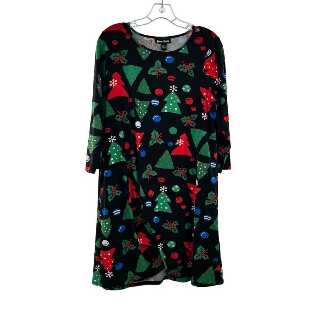 Dress Works Women's Christmas Print 3/4 Sleeve Shift Dress Black/Multi Medium